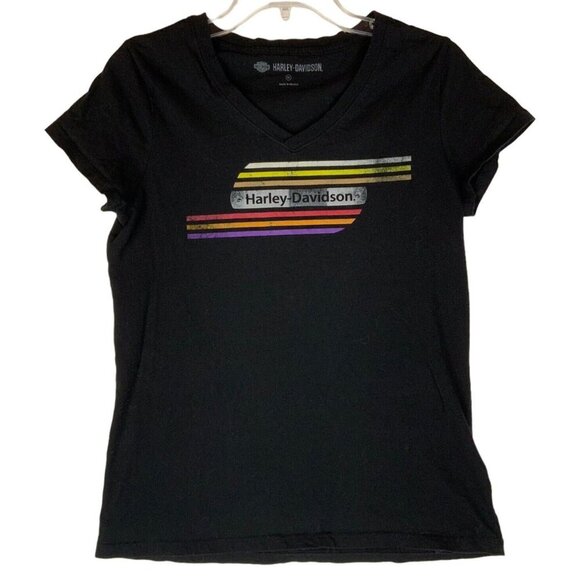 Harley-Davidson Womens Black V-Neck T-Shirt Medium Cotton Cap Sleeves - Picture 1 of 5